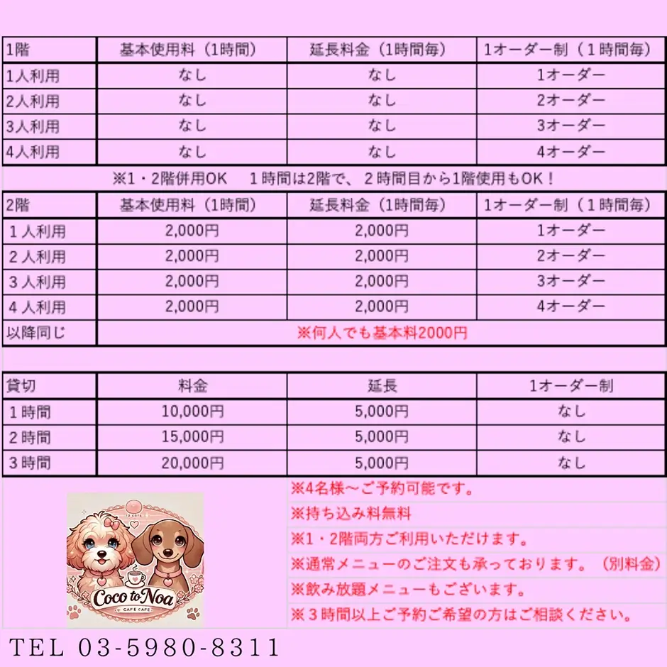 1階、2階使用料金表
